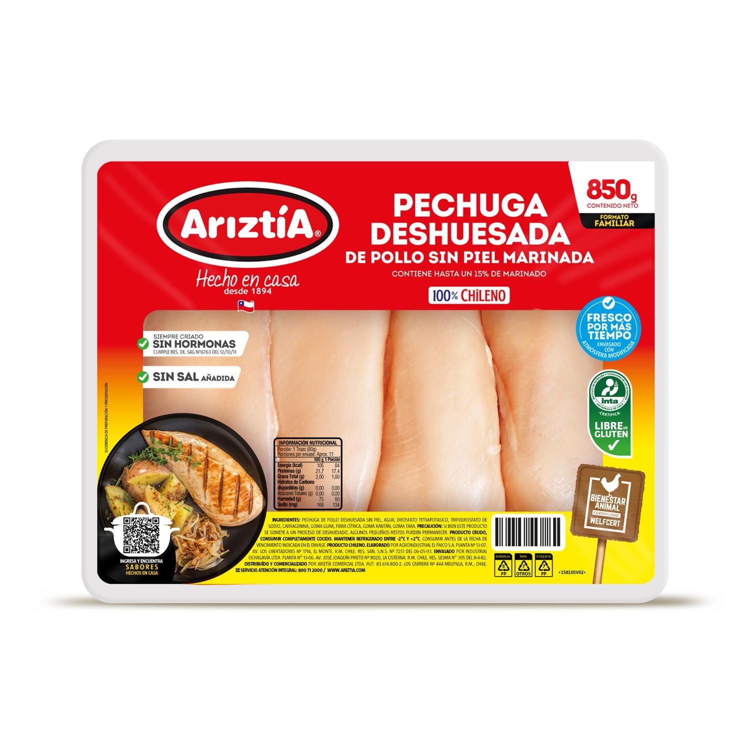 Pollo Pechuga Deshuesada Envasada 850 g Ariztia