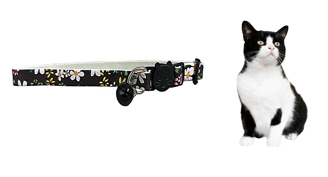 Marben Pets - Collar Para Gato Gatita Anti Ahorque Diseño De Flores Negro