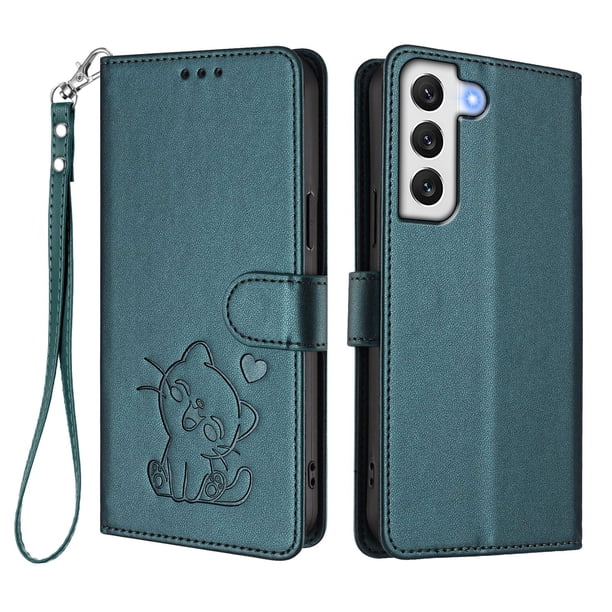 Funda Billetera con Relieve de Gato para Samsung Galaxy S22 5G, Verde Oscuro