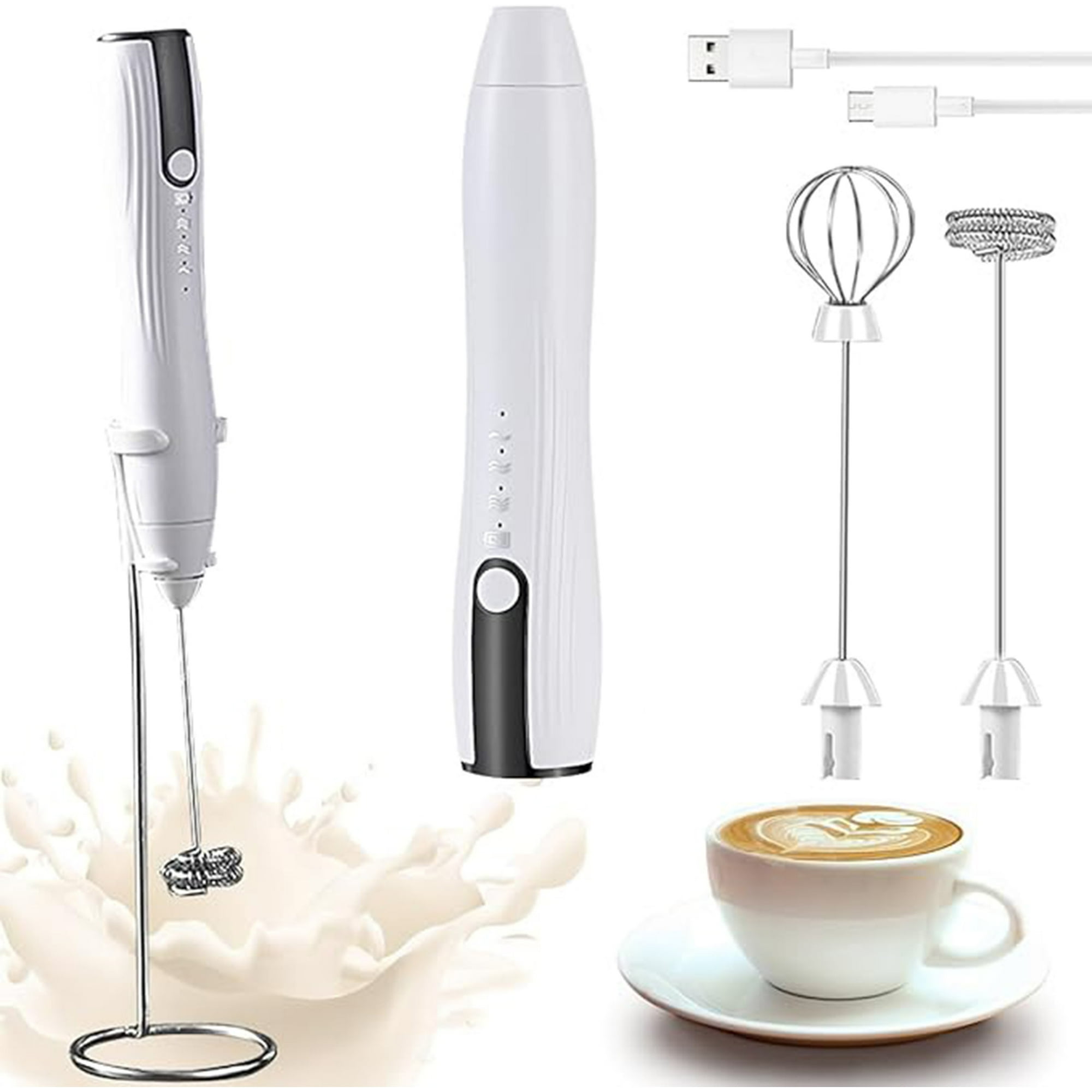 Veat00l - Agitador De Leche 2 En 1 Con Base De Soporte, Espumador Eléctrico Recargable Con 2 Cabezales De Acero Inoxidable Y 3 Velocidades, Batidora De Mano Para Espuma De Leche,capuchino,huevos,harina