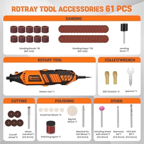 Herramienta Rotativa HARDELL 180W 6 Velocidades 61 Accesorios
