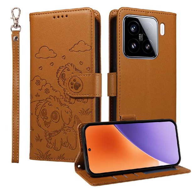 Funda Billetera FOXDOCK Compatible con Xiaomi 15, Diseño Perrito Tierno, Ranuras para Tarjetas y Soporte Plegable