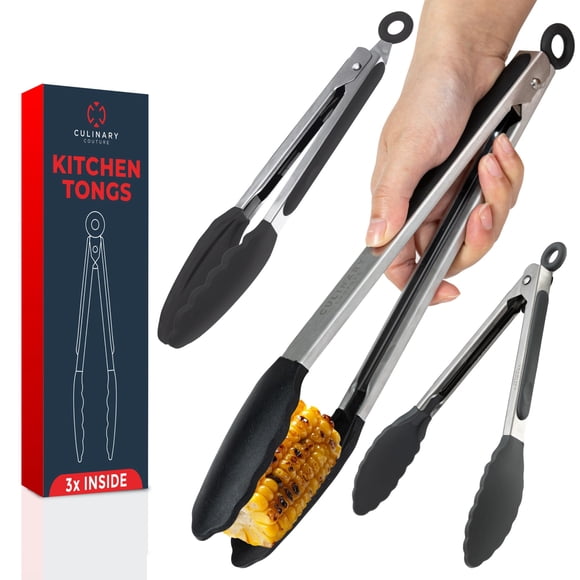 Juego de 3 pinzas de cocina de silicona Culinary Couture, color negro