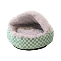 Ioensy - Cama De Felpa Con Capucha Para Gatos, Cómoda Cama Para Gatitos, Suministros Para Mascotas, Cachorro, Verde Y Gris