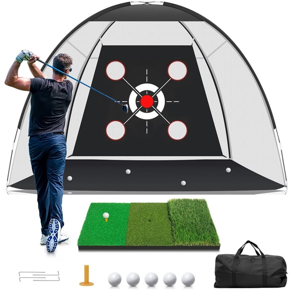 Red de golf KLAODOT de 10 x 7 pies con tapete de práctica, pelotas y camisetas
