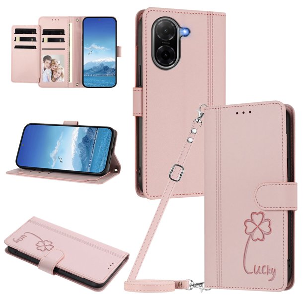 Funda Cartera Trébol para Xiaomi Poco C71 4G con Ranuras Tarjetas y Carga Inalámbrica Rosa