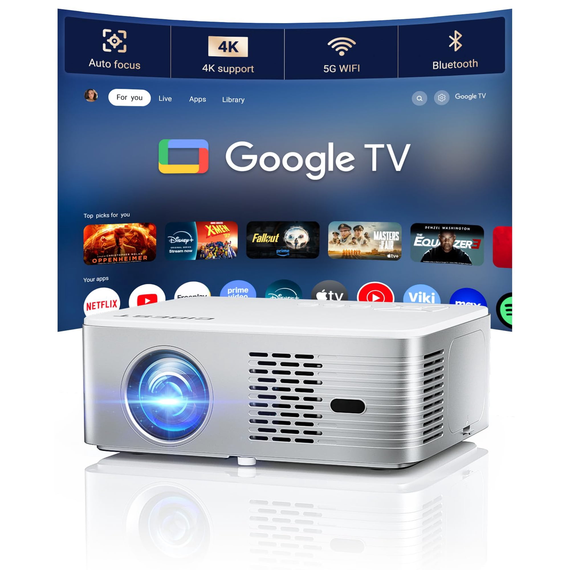 Proyector Cibest Google Tv 4k Compatible Con 3000 Lm Con Wifi 6 Y Bt