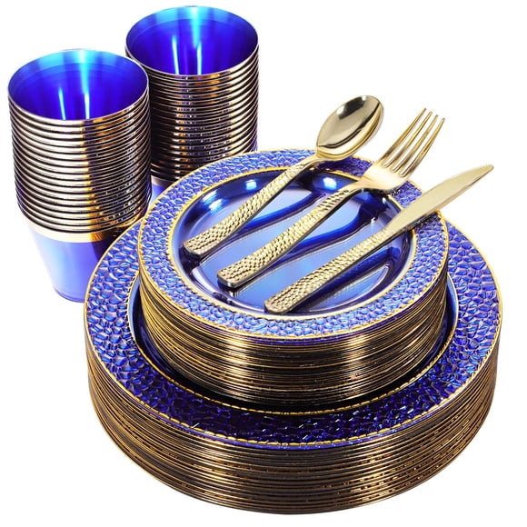 Juego de platos de plástico Nervure Clear Blue con oro, 150 piezas