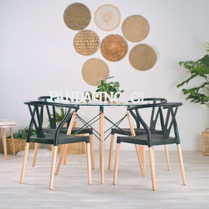 Pandalino - Comedor Mesa Redonda Elida 80Cm + 4 Sillas Wishbone Negras Blanco