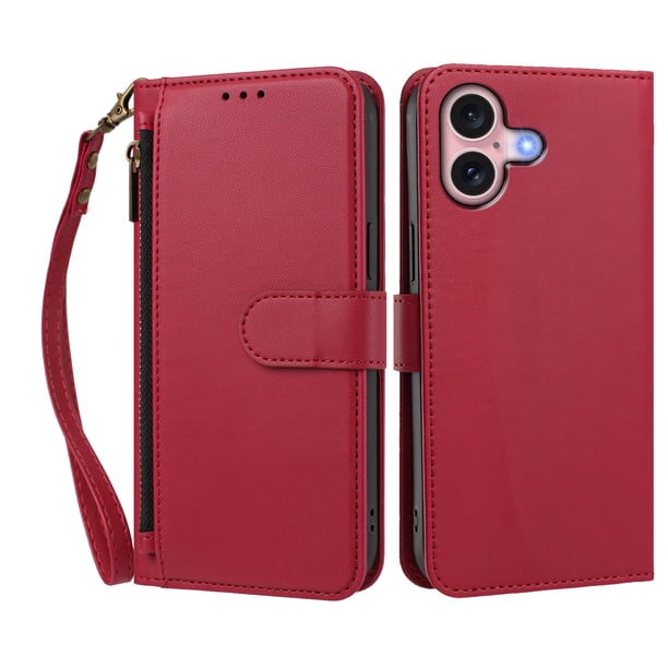 Funda Tipo Billetera para iphone16 con Soporte y Bolsillo con Cierre Rojo
