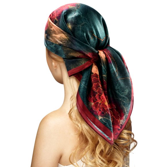 Pañuelo de cabeza Stlvoll de seda 68 cm con flores (rojo + cian)