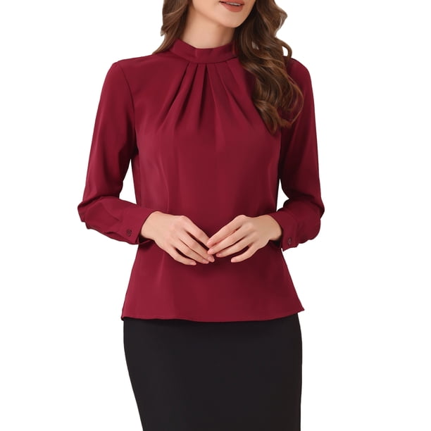 INSPIRE CHIC Blusa de Chifón con Cuello Alto para Otoño e Invierno para Mujer, Camisa de Manga Larga Casual de Negocios L Rojo Oscuro