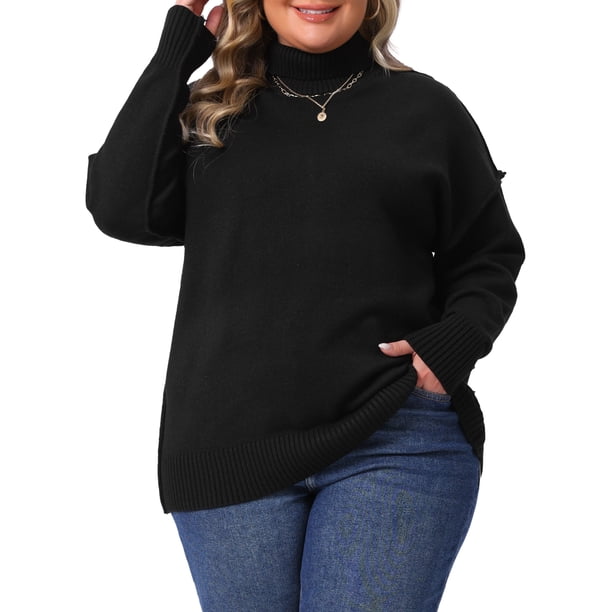 GRACIA Y GRANDEZA Disfraces de Halloween para Mujeres Talla Grande Suéter de Cuello Alto Suave Tejido de Punto con Mangas Largas y Ajuste Relajado 1X Negro