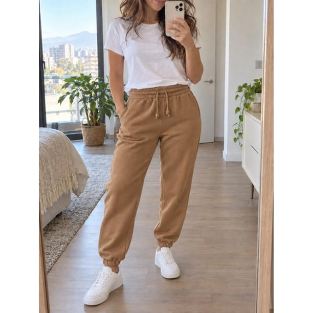 Pantalon Buzo Jogger Deportivo Casual Ajustable 285g Algodon Camel Oscuro Liso L