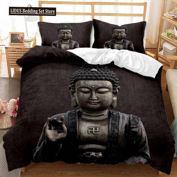 v1377 Bed Sheets Buddha Duvet Cover Set Exotic Ethnic Bohemian Golden Black Lotus Flowers Bedding Set Double Queen King Polyester Qulit Cover 3-Piece Bedding Set (1 Duvet Cover + 2 Pillow Shams) Bed S