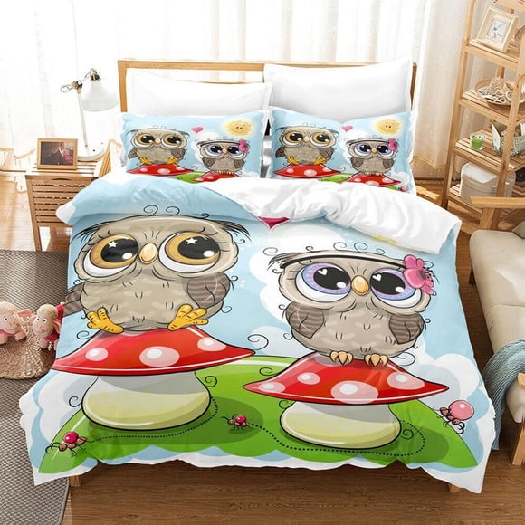 Cartoon Owl Heart Pattern Quilt Duvet Cover Set Home Textiles Soft3-Piece Bedding Set