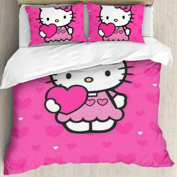 Hello Cat Kitty Pink Heart Cartoon Style Duvet Cover Set Cotton Bed Cover - 3pcs Bedding Set - Girls Boys Kids Bedroom Bed Set - Hello Cat Kitty Kawaii Bedding Decor