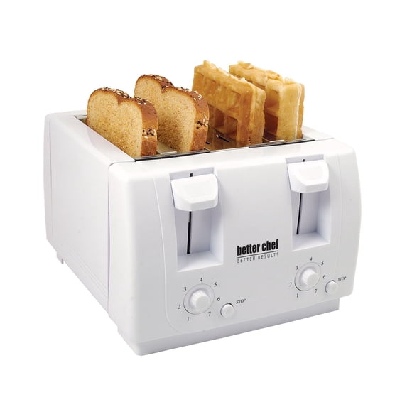 Tostadora Better Chef Economic de 4 rebanadas con controles duales, blanca