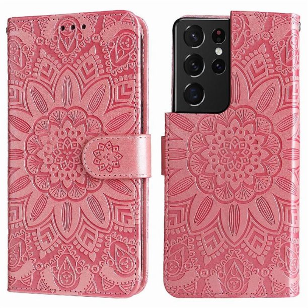 Funda tipo cartera FOXDOCK para Samsung Galaxy S21 Ultra , diseño girasol en relieve, cuero PU, cierre magnético, soporte y tarjetero