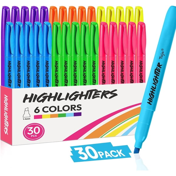 Taja 30 Pack Highlighters, Assorted 6 Colors, Chisel Tip with Chisel Tip