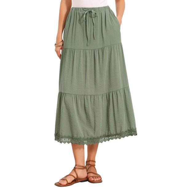 INSPIRE CHIC Falda Maxi de Verano para Mujer con Cintura Alta Elástica, Línea A en Capas, Casual para la Playa, Larga, XL Gris Verde
