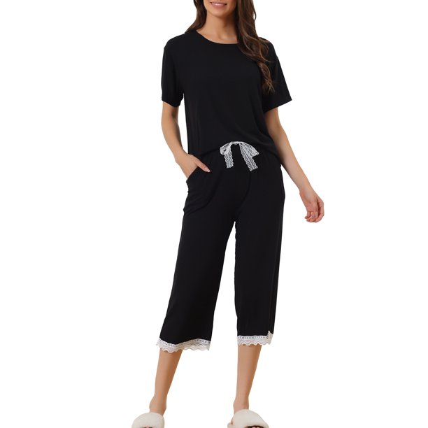 INSPIRE CHIC Conjunto de Pijama de Modal para Mujer Regreso a Clases Suave Camiseta de Manga Corta y Pantalones Capri Ropa de Dormir con Encaje para Primavera Verano M Negro
