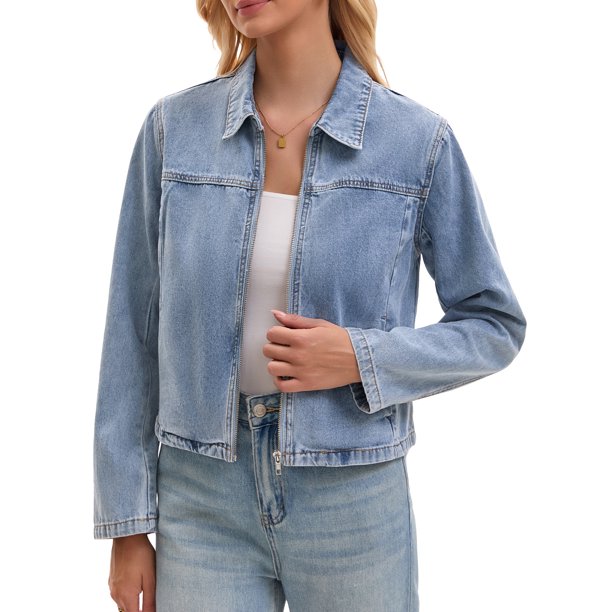 INSPIRE CHIC Chaqueta de Mezclilla Recortada con Cremallera para Mujer, Manga Larga, Estilo Bomber de Motocicleta, 2XL Azul Claro