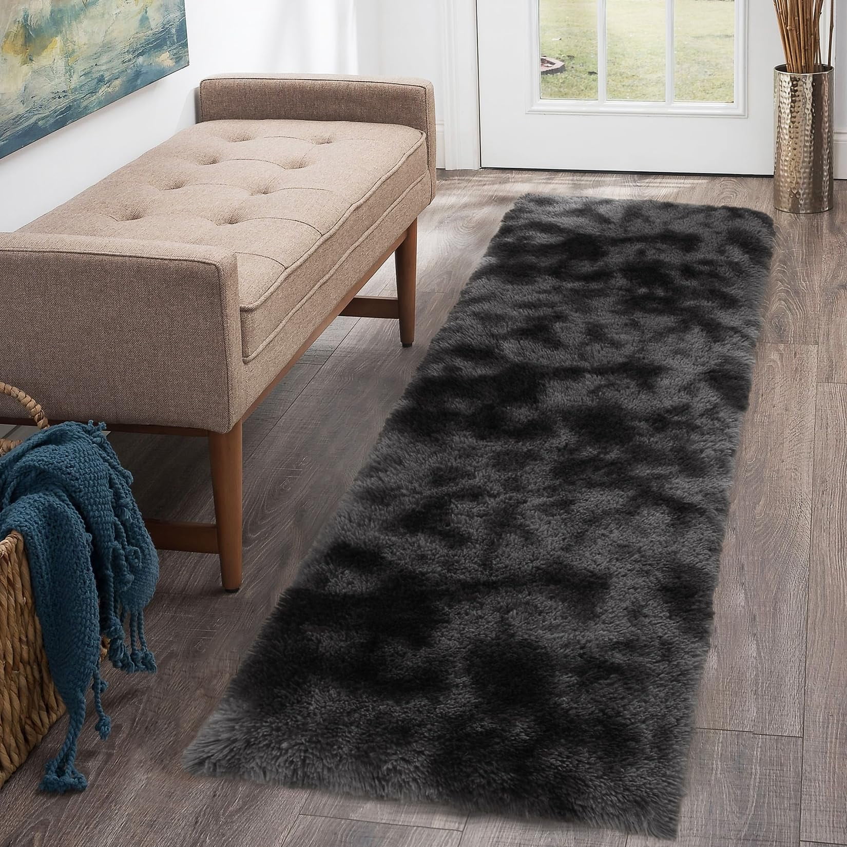 Alfombra Caromio 61x183cm Pasillo De Peluche Negro Y Gris