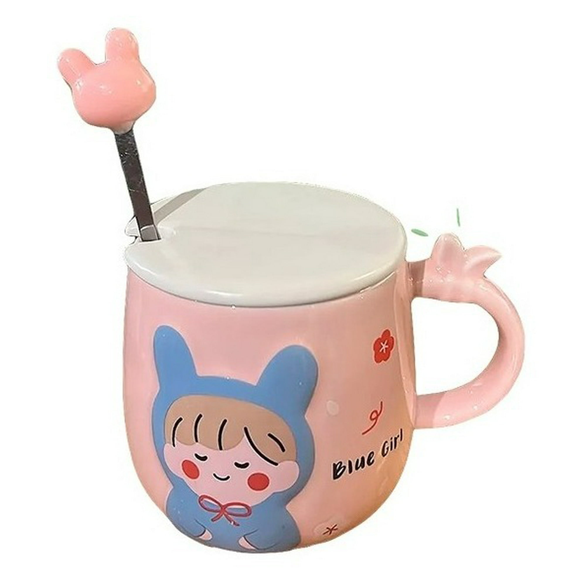 Genérico - Vaso Cafe Te Tapa Ceramica Cuchara Diseño Blue Girl 400ml