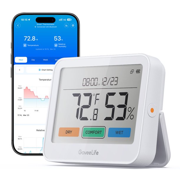 Termómetro Higrómetro Bluetooth GoveeLife, Monitor de Temperatura y Humedad con Notificaciones en App, Pantalla LCD Grande, Termómetro Interior para Casa, Habitación de Bebé, Invernadero 1 Unidad