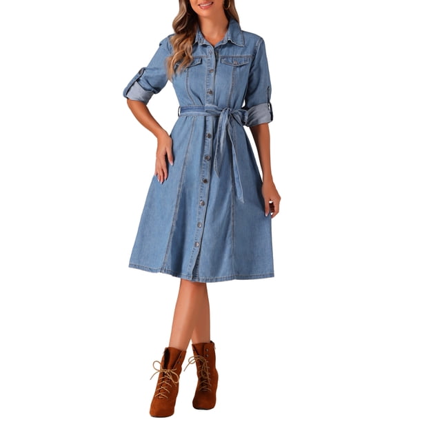 INSPIRE CHIC Vestido de mezclilla para mujeres de regreso a clases con mangas largas, botones, línea A, cinturón, vestido clásico de mezclilla M azul claro