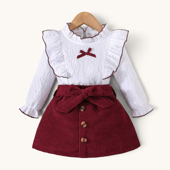 Conjunto De Polera Manga Larga + Falda Y Cinturon Cotele Para Niñas Primavera Verano