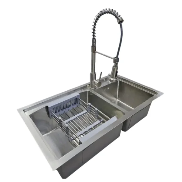 Lavaplatos Curvo 78x43 cm Deluxe de Acero Inoxidable para Empotrar Espesor 2mm Color Plateado + Rejilla escurridora, dispensador de jabón y Griferia Industrial