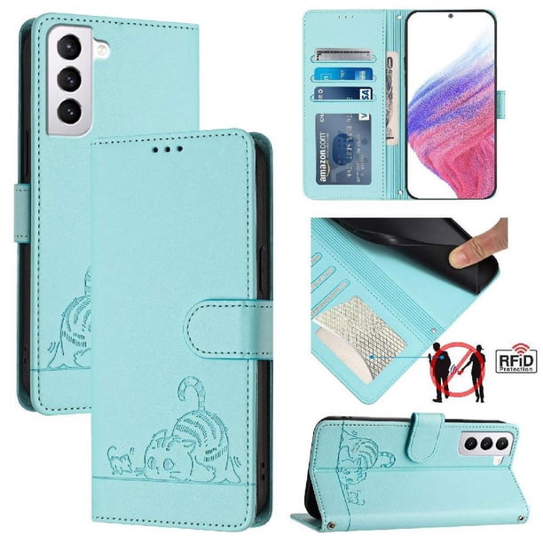 Funda tipo cartera FOXDOCK para Samsung Galaxy S21 Plus con soporte, ranuras, RFID, diseño de gato