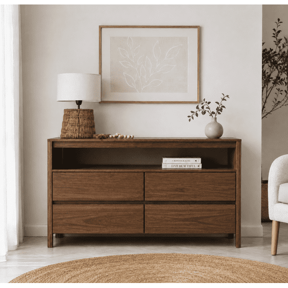 Cómoda "Alerce" 4 Cajones con Nicho Mueble de Pino Natural - Café - 120x40x90 cm