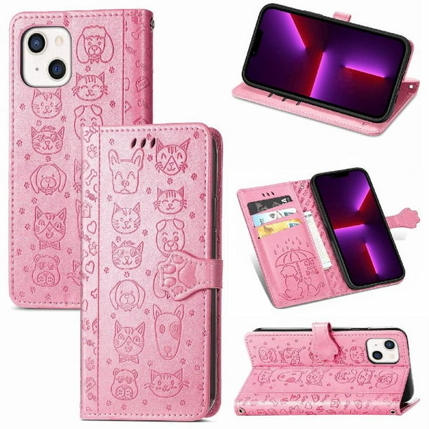Funda Cartera FOXDOCK para iPhone 13 , Flip PU con Relieve de Gatos y Perros, Tarjetero y Soporte