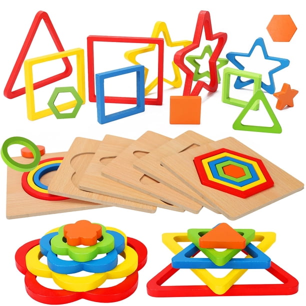 Juguete de rompecabezas AugToy Montessori para niños pequeños, clasificador de formas de madera