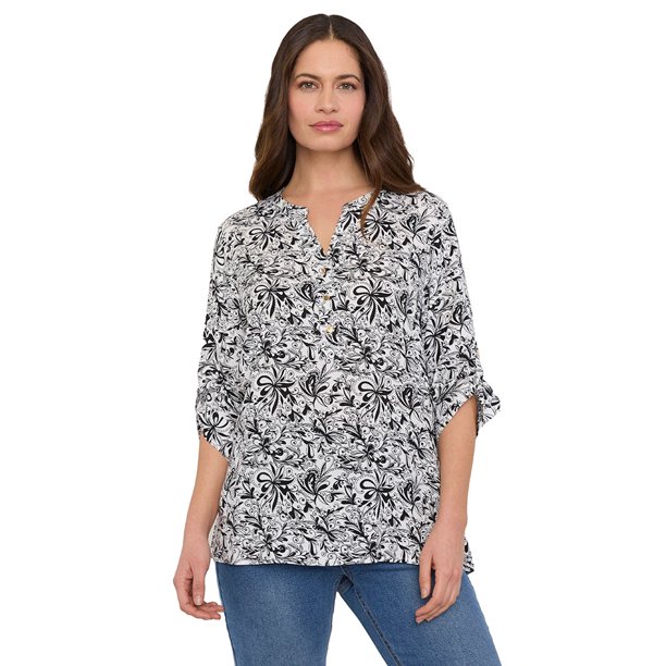 Blusa Mujer Cuello Mao Print Ecru/Negro Corona