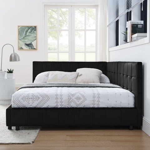 M&Ms - Full Size Upholstered Tufted Bed Frame, Sofa Bed Frame With Comfortable Backrest And Armrests, Full Size Bed For Bedroom, Living Room,Velvet, Black(80.5''*59''*30.5'')