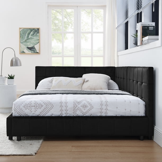 Full Size Upholstered Tufted Bed Frame, Sofa Bed Frame with Comfortable Backrest and Armrests, Full Size Bed for Bedroom, Living Room,Velvet, Black(80.5''*59''*30.5'')