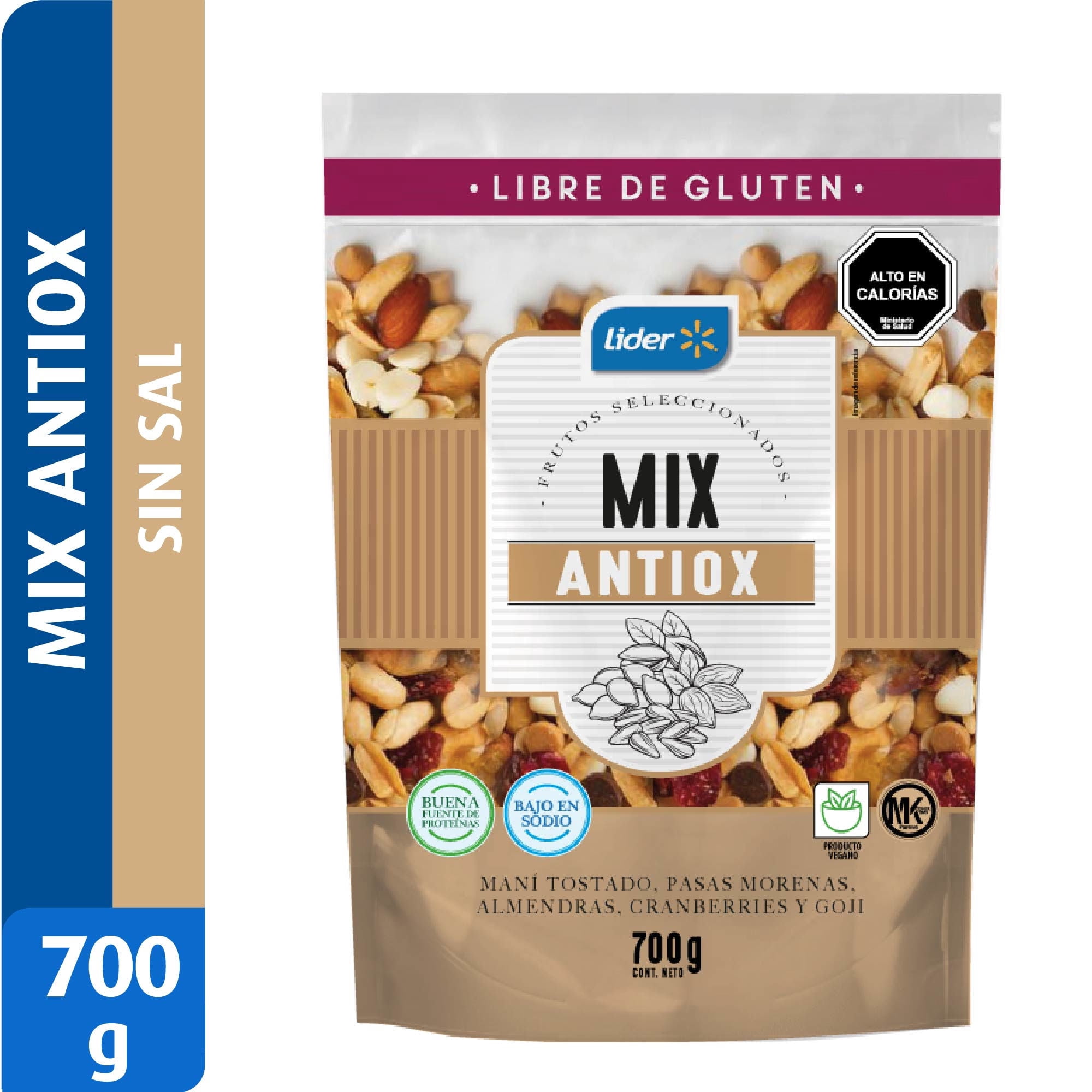 Mix Frutos Secos Mix De Maní Tostado, Pasas Morenas, Almendras, Cranberry Y Goji, Sin Sal 700 g