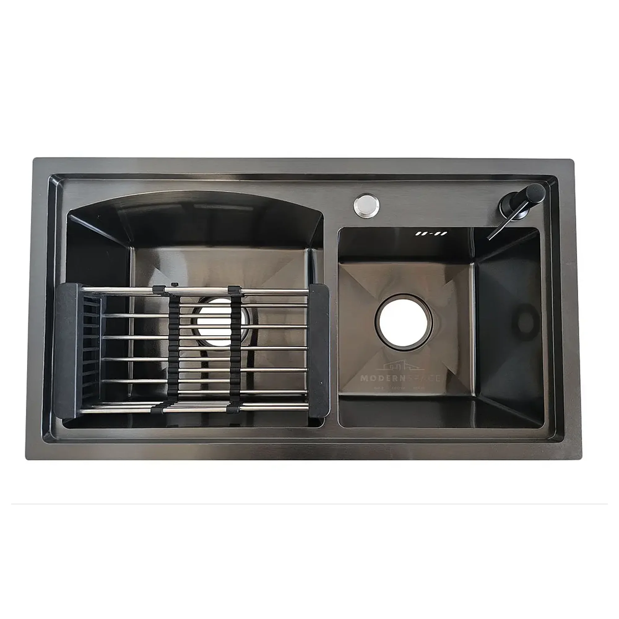 Modern Space - Lavaplatos Curvo 78x43 Cm Deluxe De Acero Inoxidable Para Empotrar Espesor 2mm Color Negro + Rejilla Escurridora Y Dispensador De Jabón