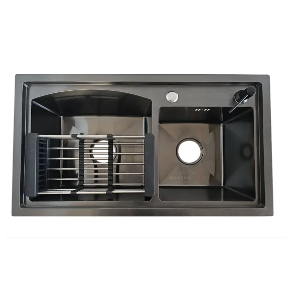 Lavaplatos Curvo 78x43 cm Deluxe de Acero Inoxidable para Empotrar Espesor 2mm Color Negro + Rejilla escurridora y dispensador de jabón