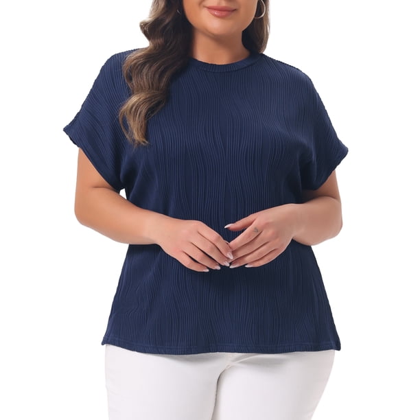 Agnes Orinda Blusas Casuales de Manga Corta con Cuello Redondo Texturizado para Mujer de Talla Grande 4X Azul Marino