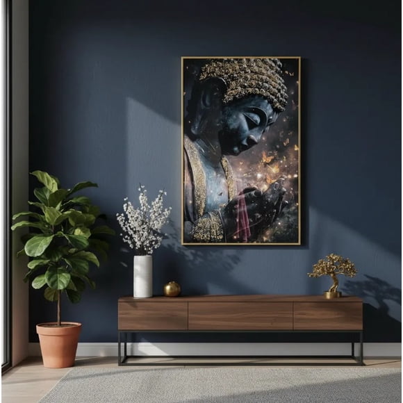 Cuadro Buda Mariposas Estilo Diamante Marco Dorado110x70x4cm
