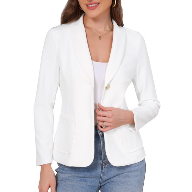 INSPIRE CHIC Blazers para Mujeres con Solapa de Chal, Manga Larga, Chaquetas de Traje de Oficina con Bolsillos, Atuendos Casual de Negocios M Blanco