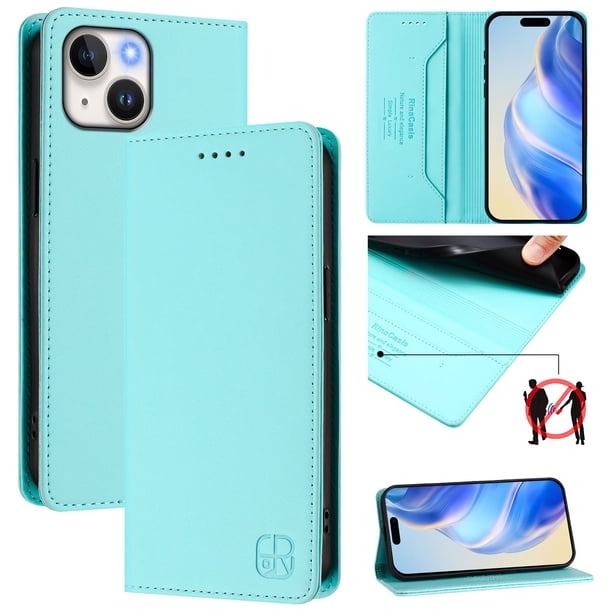 Funda Billetera con Soporte para iPhone 13/iPhone 14 Bloqueo RFID Plegable Verde menta