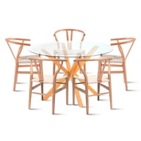 Klik Muebles - Comedor Mesa Redonda De Vidrio Cross 120Cm + 5 Sillas Wishbone Madera Y Hilo De Cuerda Natural