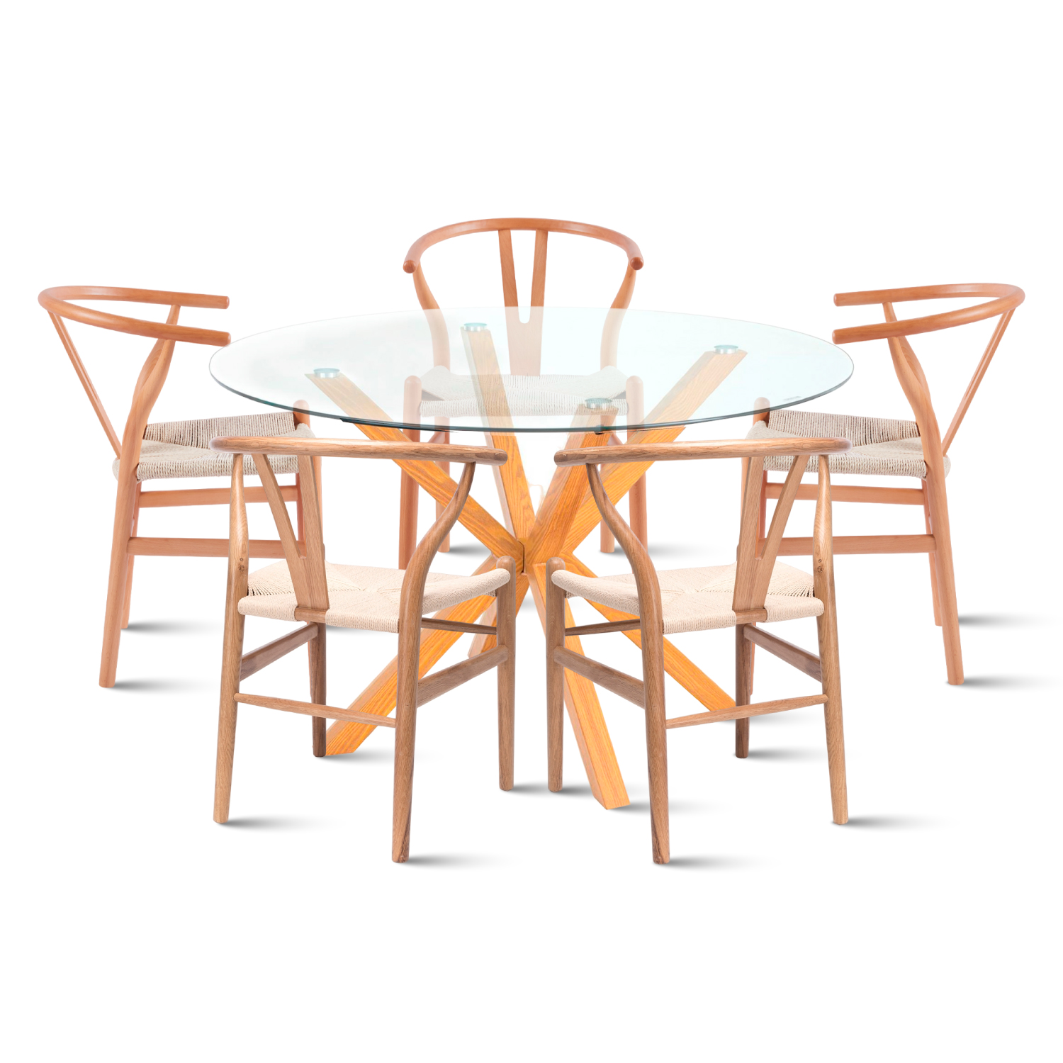 Klik Muebles - Comedor Mesa Redonda De Vidrio Cross 120Cm + 5 Sillas Wishbone Madera Y Hilo De Cuerda Natural