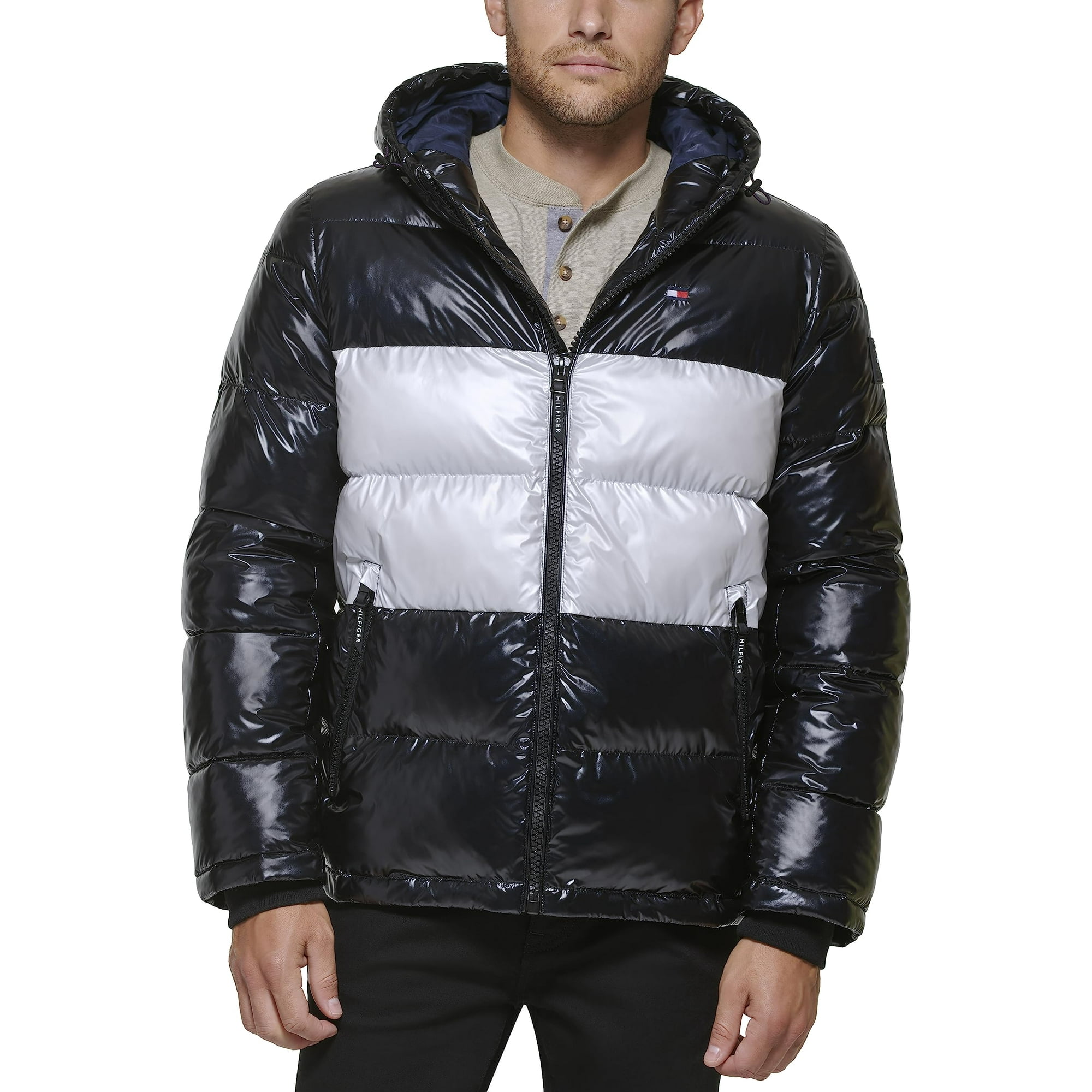 Chaqueta Tommy Hilfiger Con Capucha Acolchada Para Hombre, Color Negro Y Blanco, Talla L
